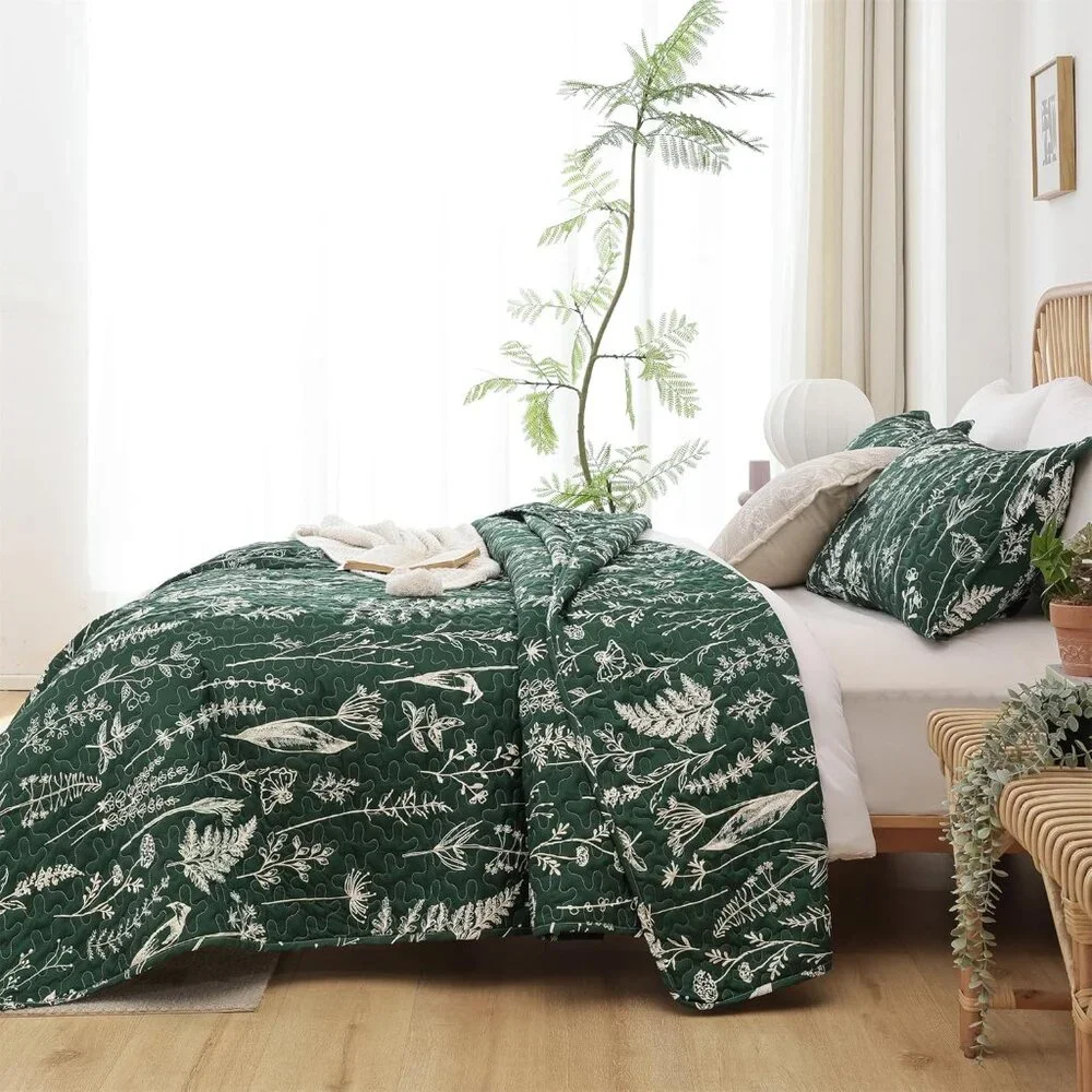 New Quilts Queen Size Emerald Green Floral Queen Quilt Bedding Set Microfiber